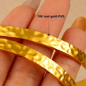 PVD 18K real gold plated hammered textured bangle with faceted crystal stone