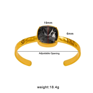 Polished 18K gold-plated stainless steel C-shape bangle with square grey faceted crystal