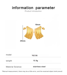 Detailed view of golden textured shell earrings with dimensions 29mm height and 18mm width