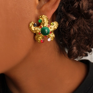 Vintage 18K gold plated ocean earrings with emerald green stone and colorful rhinestones