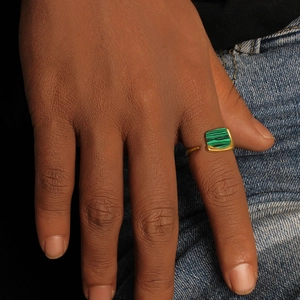French vintage gold open ring featuring a rectangular malachite stone on hand