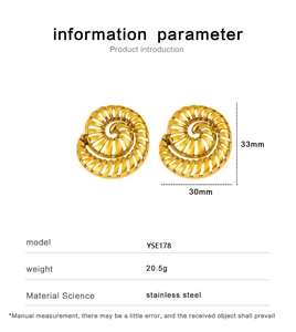 Technical drawing of 18K gold plated stainless steel spiral earrings with 33x30mm dimensions