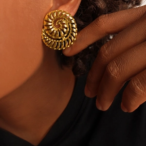 18K gold plated stainless steel spiral seashell earrings with textured nautilus design