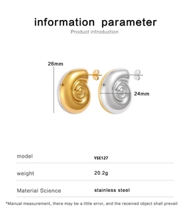 Macro shot of 18K gold and silver shell earrings with model and size specifications