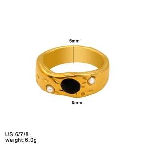 Detail of 18K gold stainless steel ring with black stone, pearls and size specs