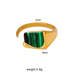 Macro detail of adjustable gold seal ring with green malachite stone and dimensions