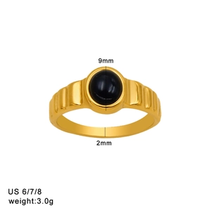 Macro detail of gold stainless steel ring featuring a black stone inlay and dimensions