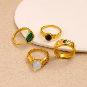 Retro 18K gold plated stainless steel ring set with malachite and black enamel stones