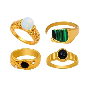 Vintage 18K gold-plated stainless steel ring set with opal, malachite and black gems