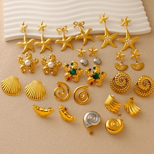 Marine Theme Stainless Steel Earrings Gold Silver Plated Starfish Shell Conch Stud Earrings For Women Summer Beach Jewelry