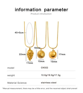Size chart for stainless steel fruit pendant necklaces including grape watermelon and apple