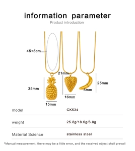Detailed size chart of stainless steel pineapple, strawberry and banana fruit necklaces