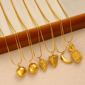 Golden stainless steel fruit pendant necklaces set featuring apple strawberry and pineapple