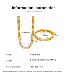 Size specifications for gold stainless steel mesh chain necklace and bracelet set