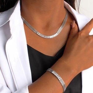 Mesh chain jewelry set with square zircon crystals in silver finish necklace and bracelet