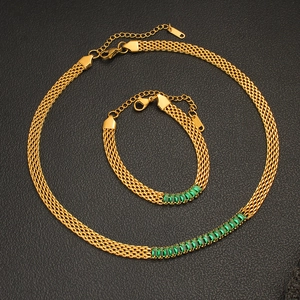 18K gold plated mesh chain necklace and bracelet set with emerald green zircon stones