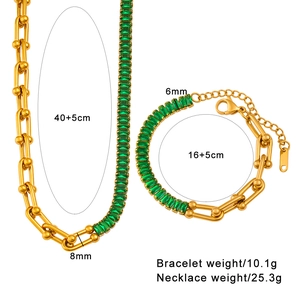 Detail specifications for gold U-link necklace and bracelet set with emerald green zircon