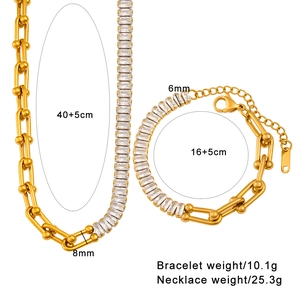 Detail view of U-link chain jewelry set with rectangle zircon pavé and size measurements