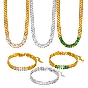 Modern 18k gold plated mesh chain jewelry set with baguette cut zircon and emerald stones