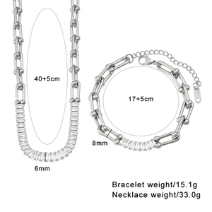 Detailed size specifications for stainless steel horseshoe link jewelry set with zircon