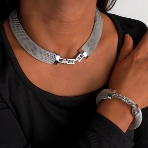 Silver mesh chain necklace and bracelet set in polished stainless steel for women