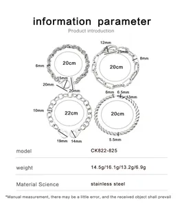 Size chart showing stainless steel bracelet dimensions with handcuff buckle details