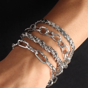 Men's silver stainless steel chunky chain bracelet set with cuban and rope links