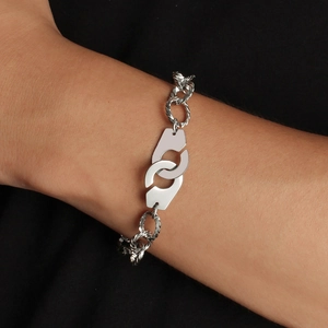 Men's stainless steel handcuff link chain bracelet with polished geometric interlocking design
