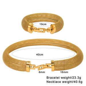 Golden mesh woven 18K gold plated stainless steel necklace and bracelet jewelry set