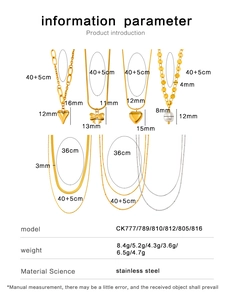 Detaillierte Größentabelle für mehrlagige Edelstahlketten in Gold und Silber-Optik