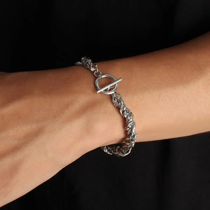 Men's silver stainless steel chunky chain bracelet with industrial OT toggle closure