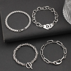 Set of 4 vintage silver stainless steel irregular geometric chain bracelets with OT clasp