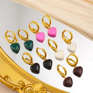 French vintage 18K gold plated heart hoop earrings in five enamel colors on satin fabric