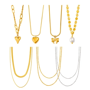 Mode Edelstahl Herz Schleife Künstliche Perle Anhänger Halskette Für Damen Doppellagige Schlangenkette 18K Vergoldet Schmuck