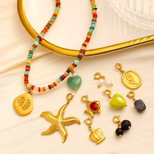 Summer bohemian style colorful beaded necklace with 18K starfish and pearl charms