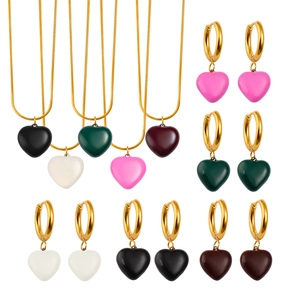French vintage heart pendant jewelry set with 18K gold plated snake chains and earrings