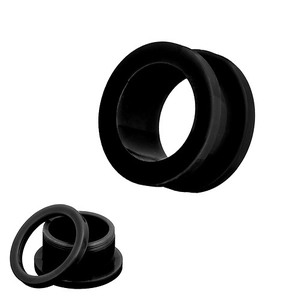 Detail view of black acrylic ear tunnels with ergonomic screw-fit design and smooth finish