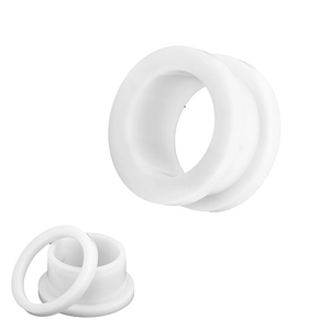 Detail view of white acrylic ear tunnel with threaded design and detachable ring