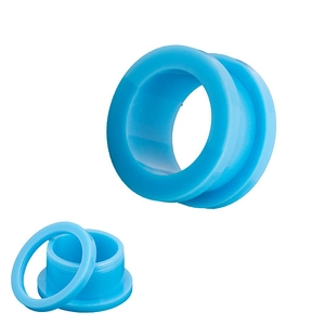 Macro detail of bright blue acrylic ear tunnel with screw-fit two-piece design structure
