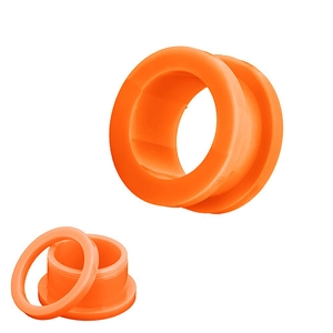 Detail view of bright orange acrylic ear tunnels with internal screw thread structure