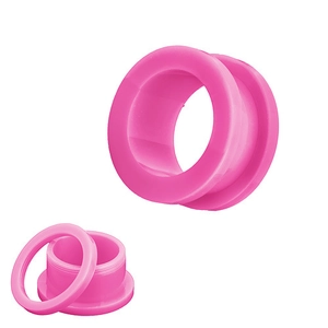 Macro detail of bright pink acrylic ear flesh tunnel with threaded screw-on attachment