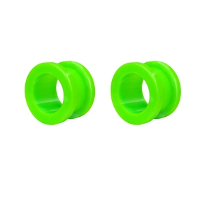 Detailed macro shot of fluorescent green acrylic ear plugs with double flared hollow design