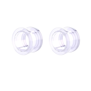 Close-up of clear acrylic double flare ear gauges with high transparency on white background