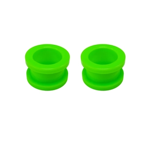 Detail view of smooth fluorescent green acrylic ear gauges with pulley tunnel design