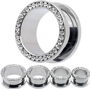 Polished stainless steel ear tunnels with clear crystal rhinestones in various sizes