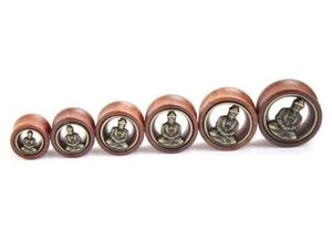 Detailed view of wood ear plugs with bronze Buddha inlay in various gauge sizes