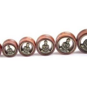 Buddhist style dark wood ear flesh tunnels with antique bronze buddha inlay sets