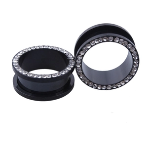 Pair of black stainless steel ear tunnels with sparkling rhinestones for body piercing