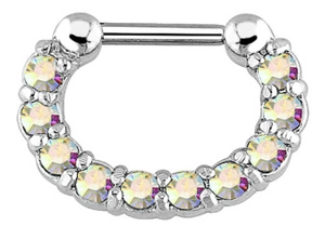 Detailed macro view of U-shaped nose ring with iridescent crystals and silver metal