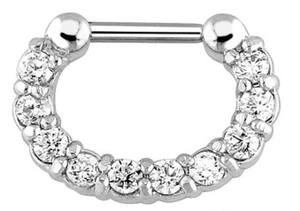 Macro shot of horseshoe nose ring with silver finish and pavé set cubic zirconia